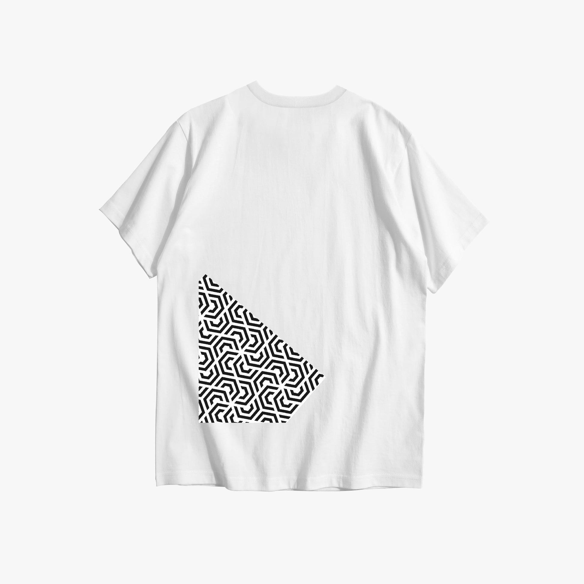 White t-shirt with a black geometric pattern on the back against a white background