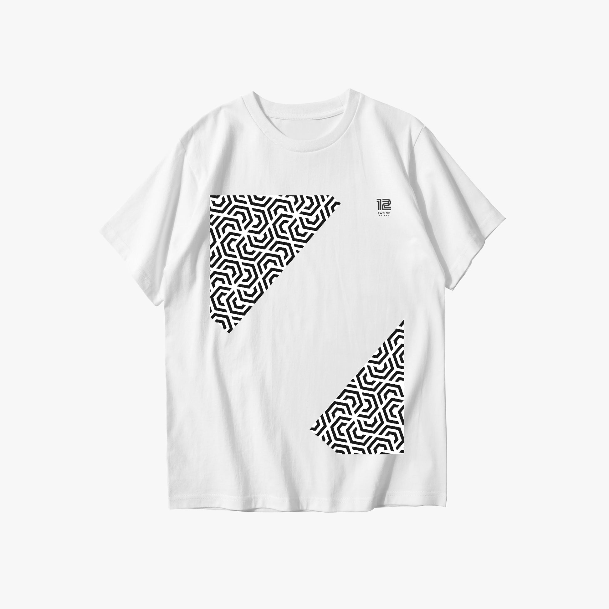 White t-shirt with black geometric pattern on a white background