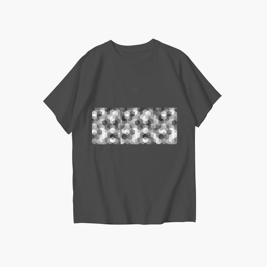 Black t-shirt with a geometric pattern on a white background