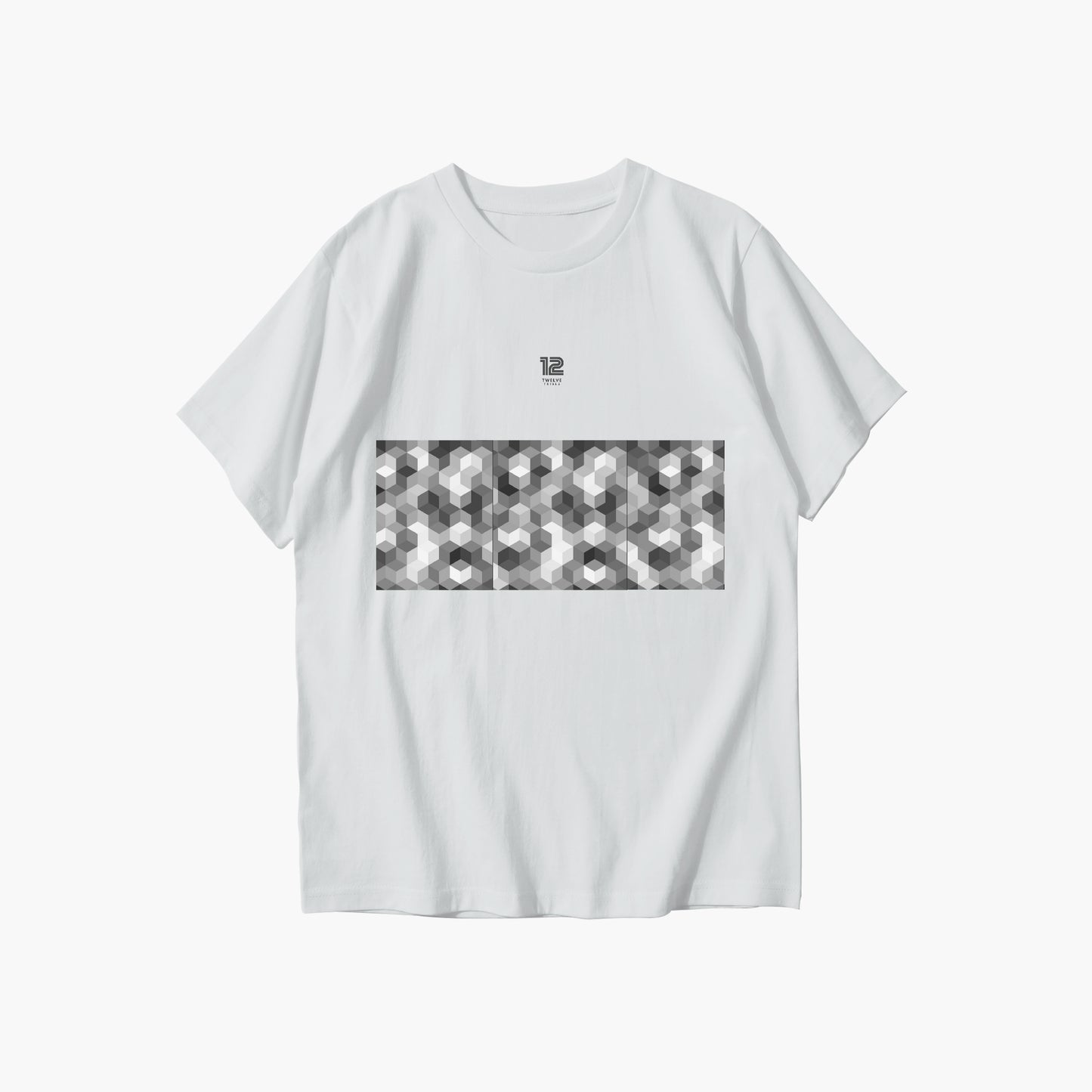 White t-shirt with geometric pattern on a white background
