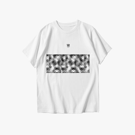 White t-shirt with geometric pattern and logo on a white background