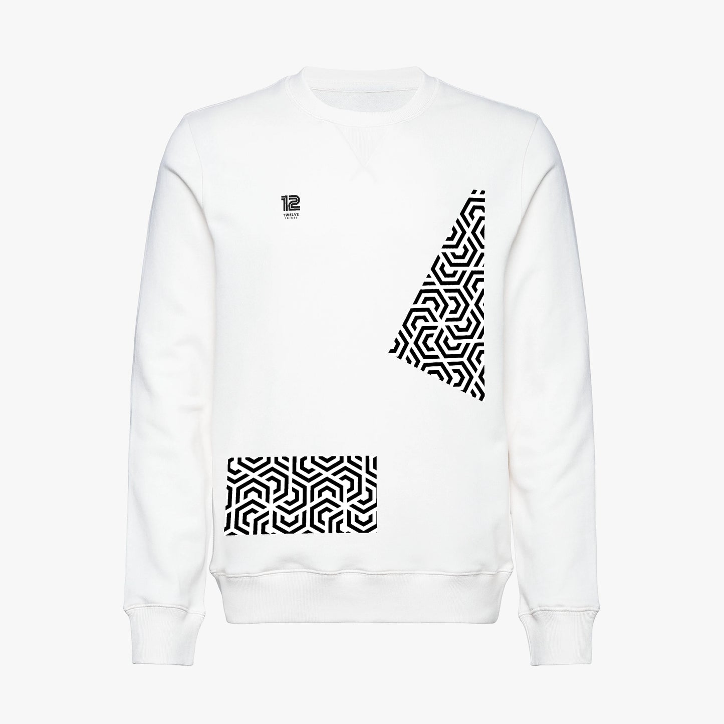 White sweatshirt with black geometric patterns on a white background