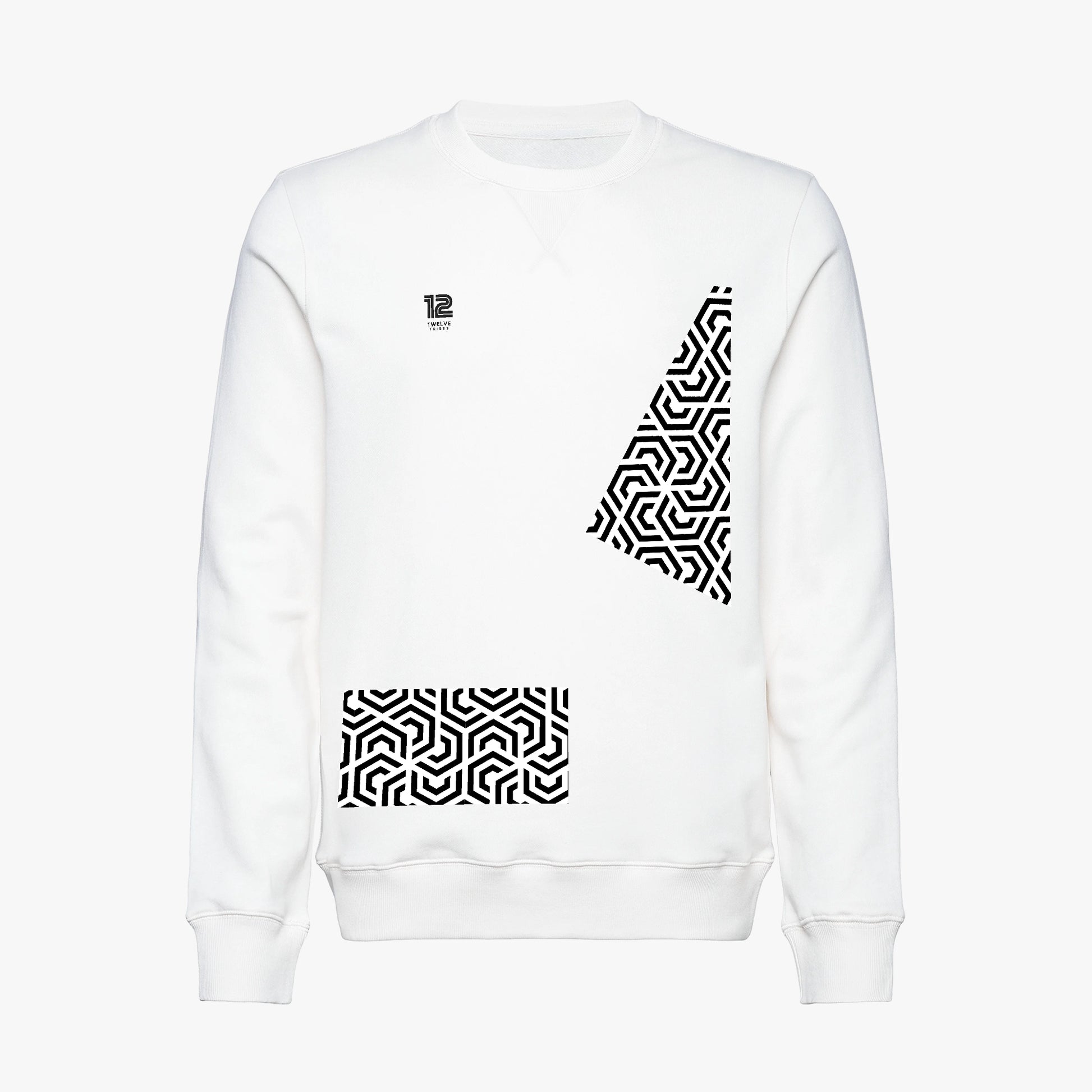 White sweatshirt with black geometric patterns on a white background