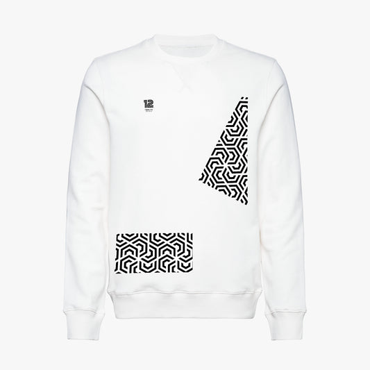 White sweatshirt with black geometric patterns on a white background