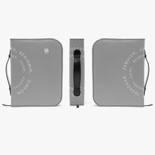 Gray case with handles and text on a white background