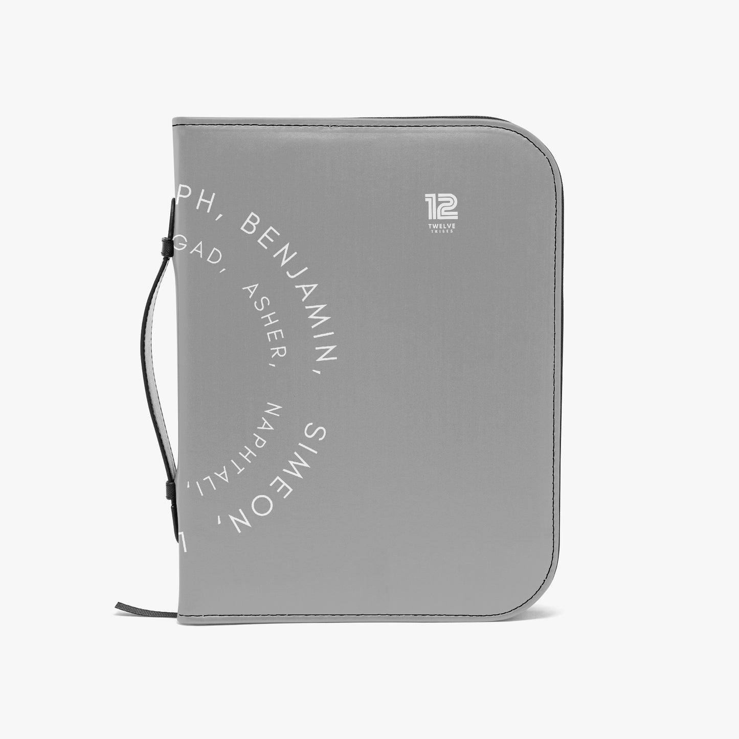 Gray organizer with names printed on a white background