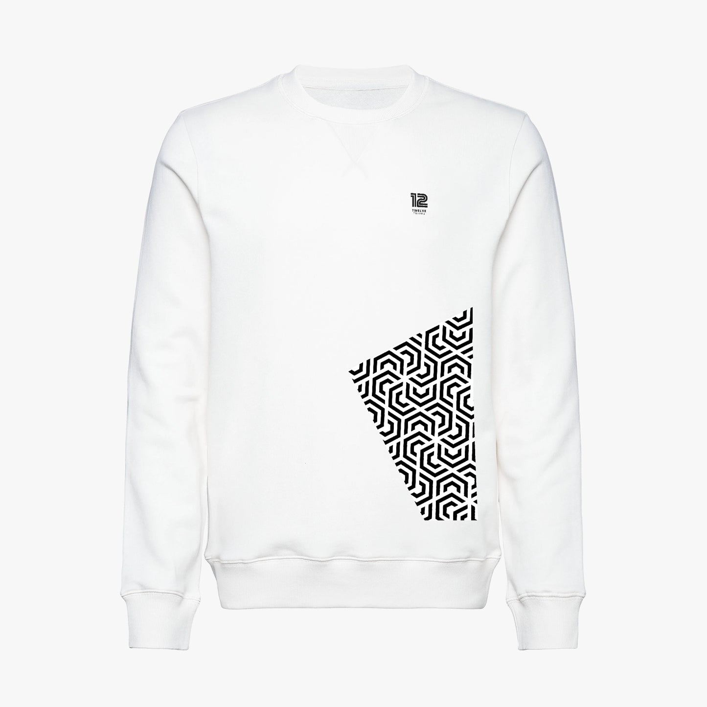 White sweatshirt with black geometric pattern on a white background