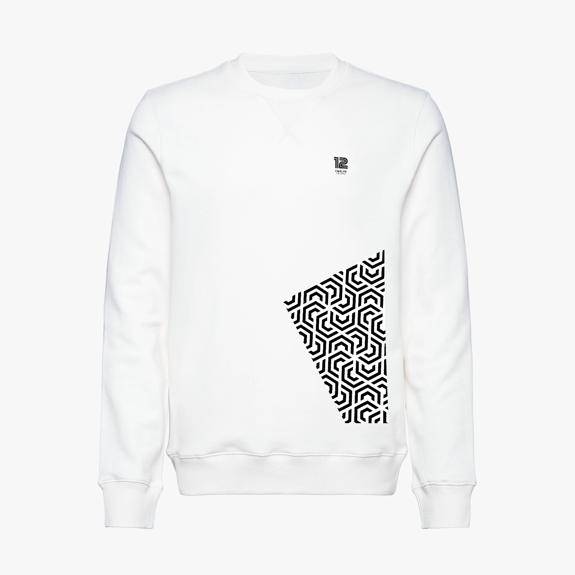 White sweatshirt with black geometric pattern on a white background