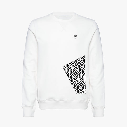 White sweatshirt with black geometric pattern on a white background