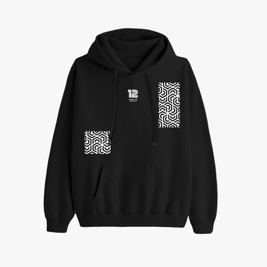 Black hoodie with geometric patterns on a white background