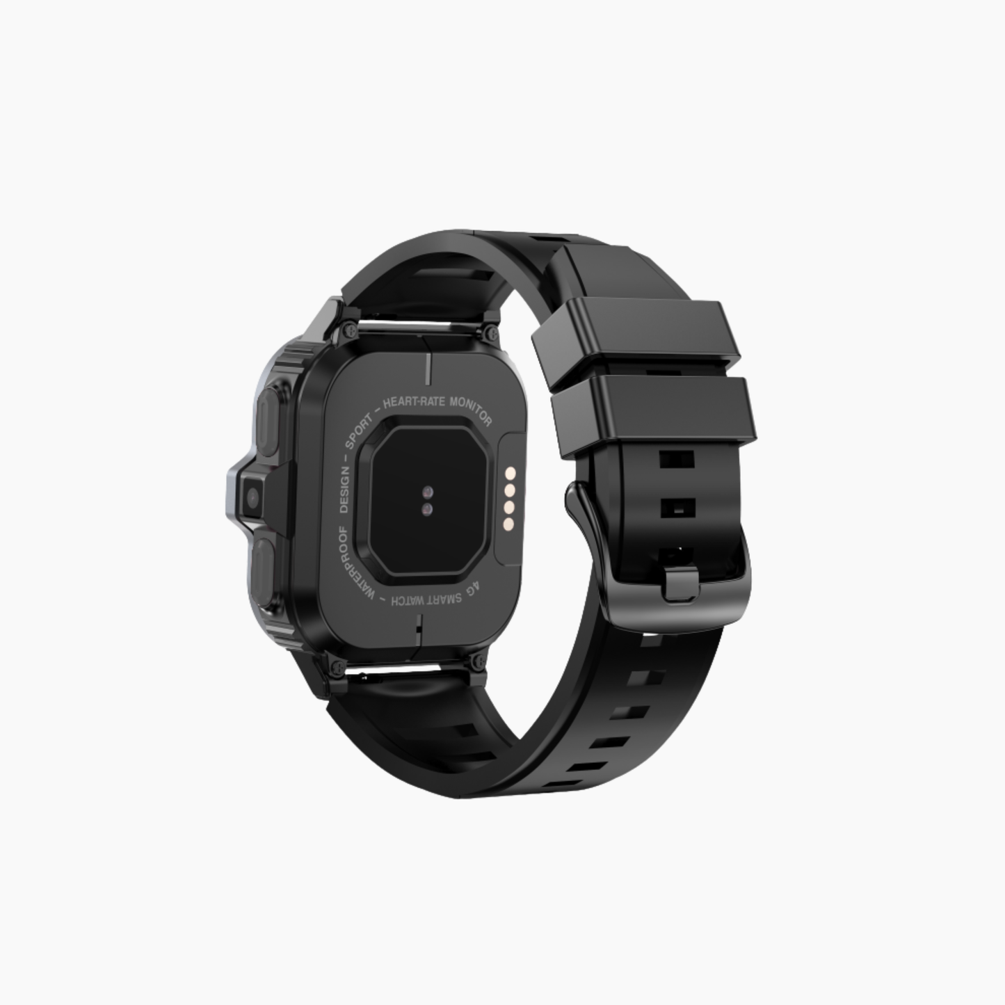 Black smartwatch with metallic band on a white background