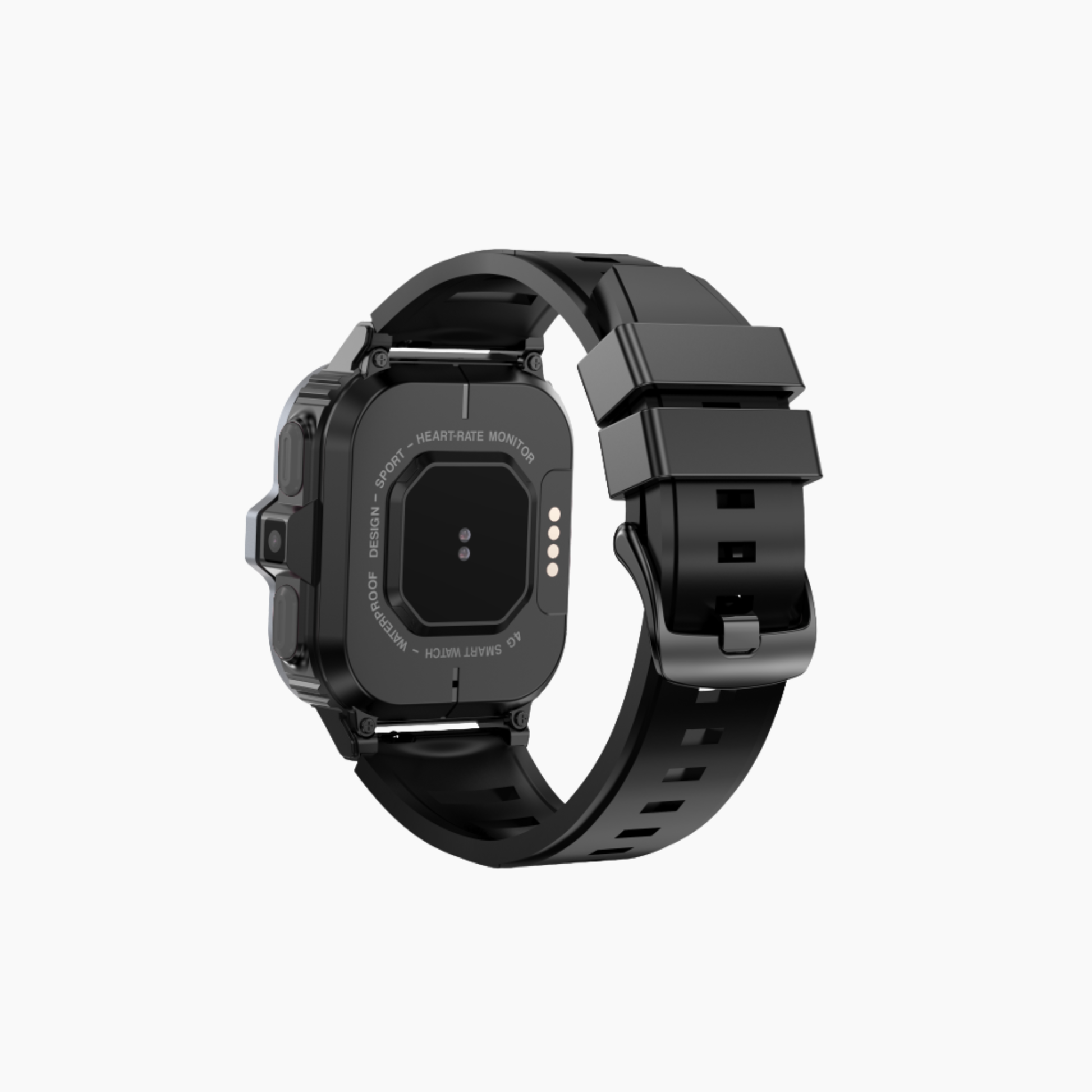 Black smartwatch with metallic band on a white background