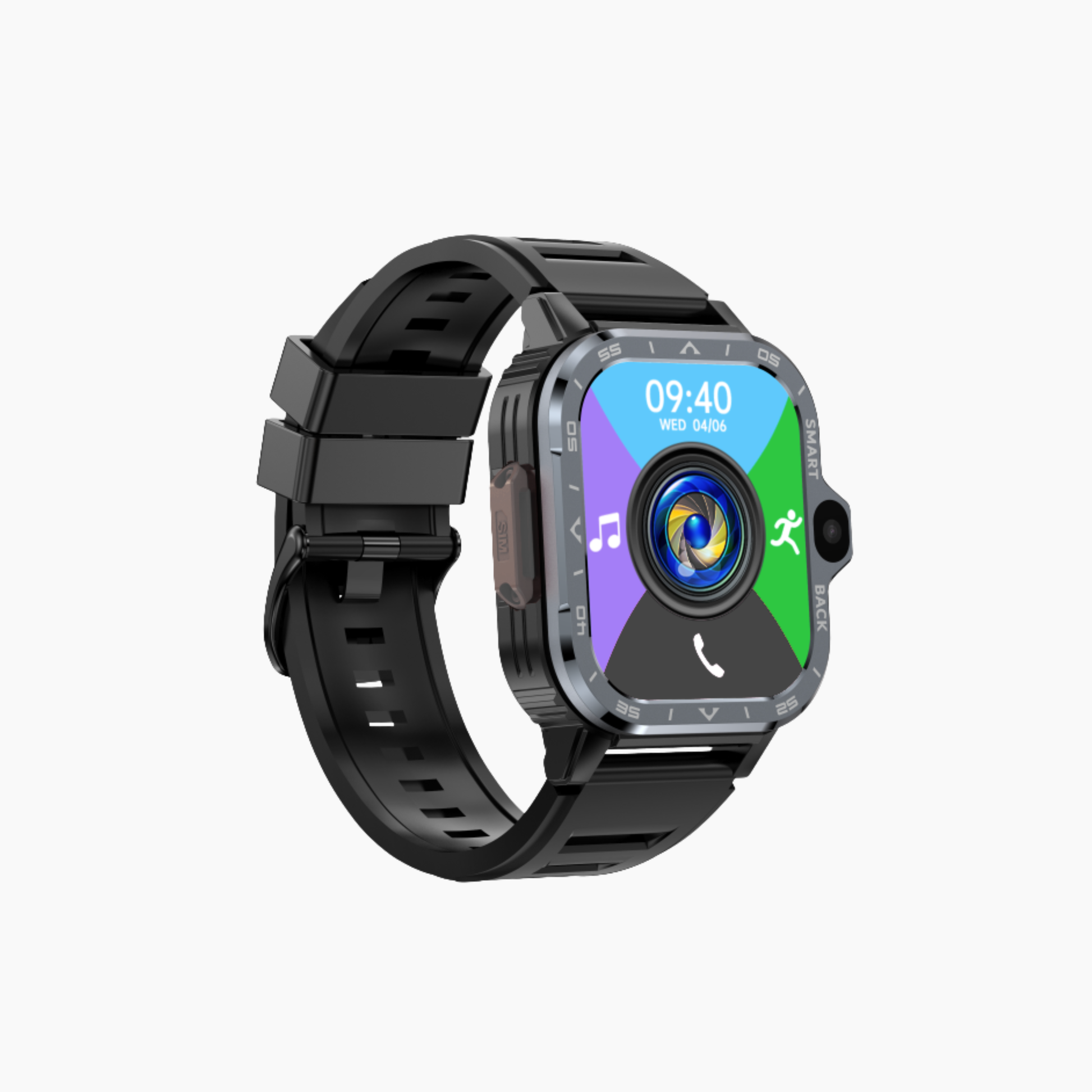 Black smartwatch with a colorful display on a white background
