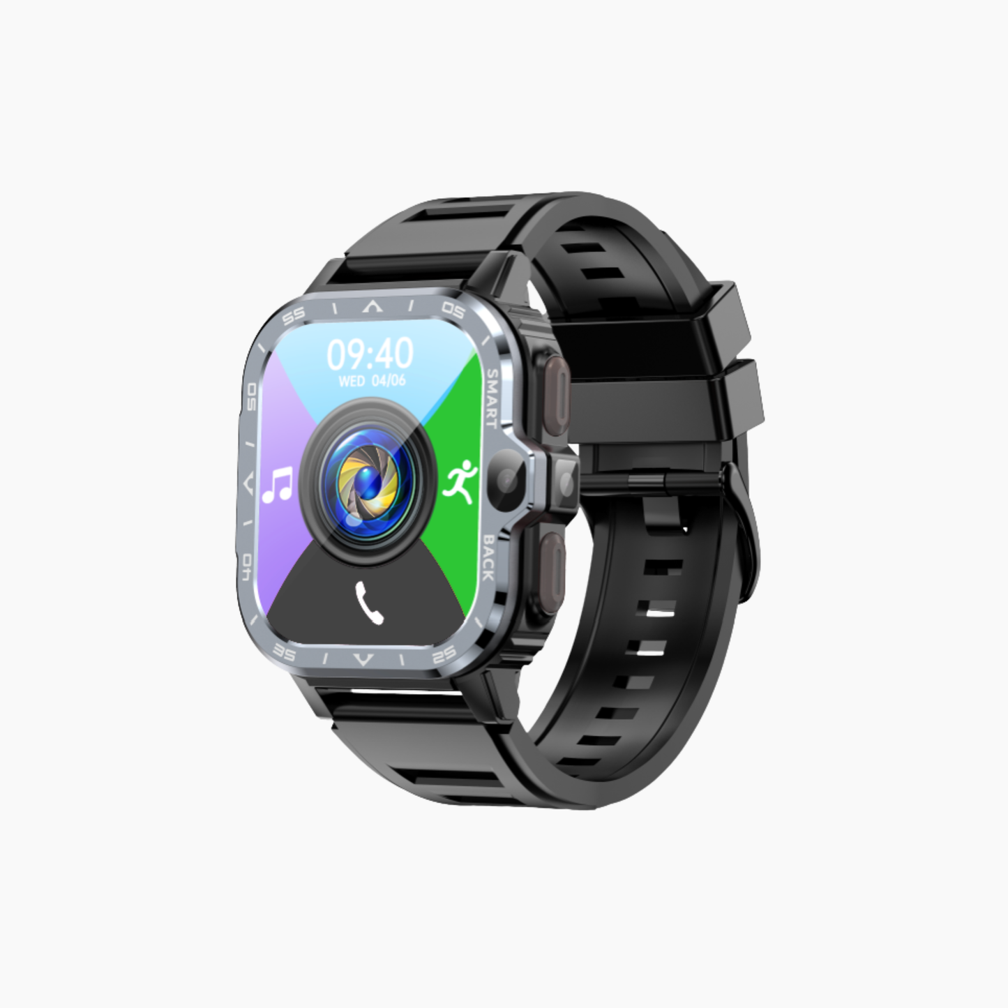 Black smartwatch with a colorful display on a white background