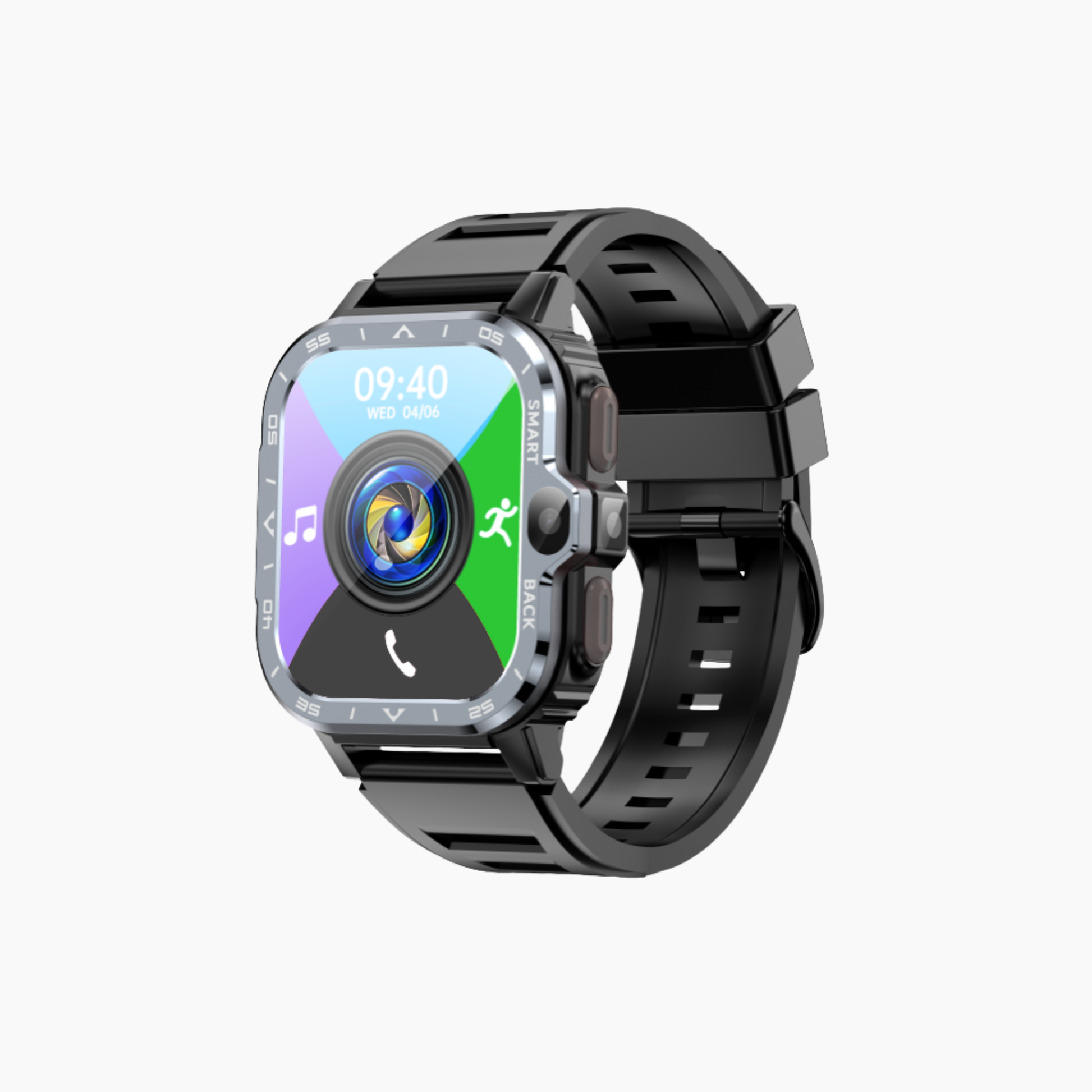 Black smartwatch with a colorful display on a white background