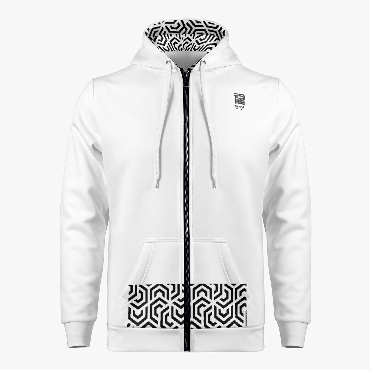 White hoodie with black geometric patterns on a white background