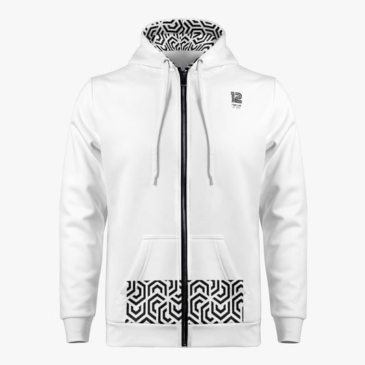 White hoodie with black geometric patterns on a white background