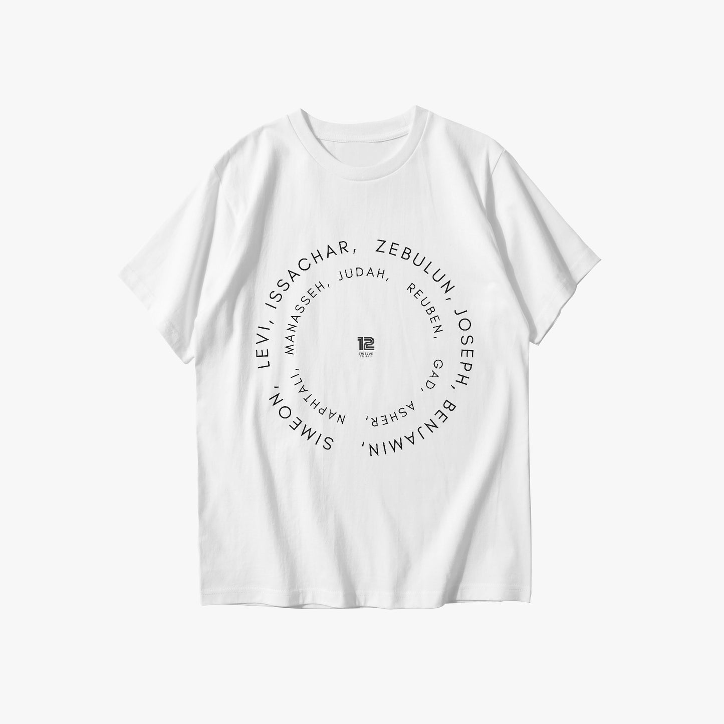 White t-shirt with black text on a white background