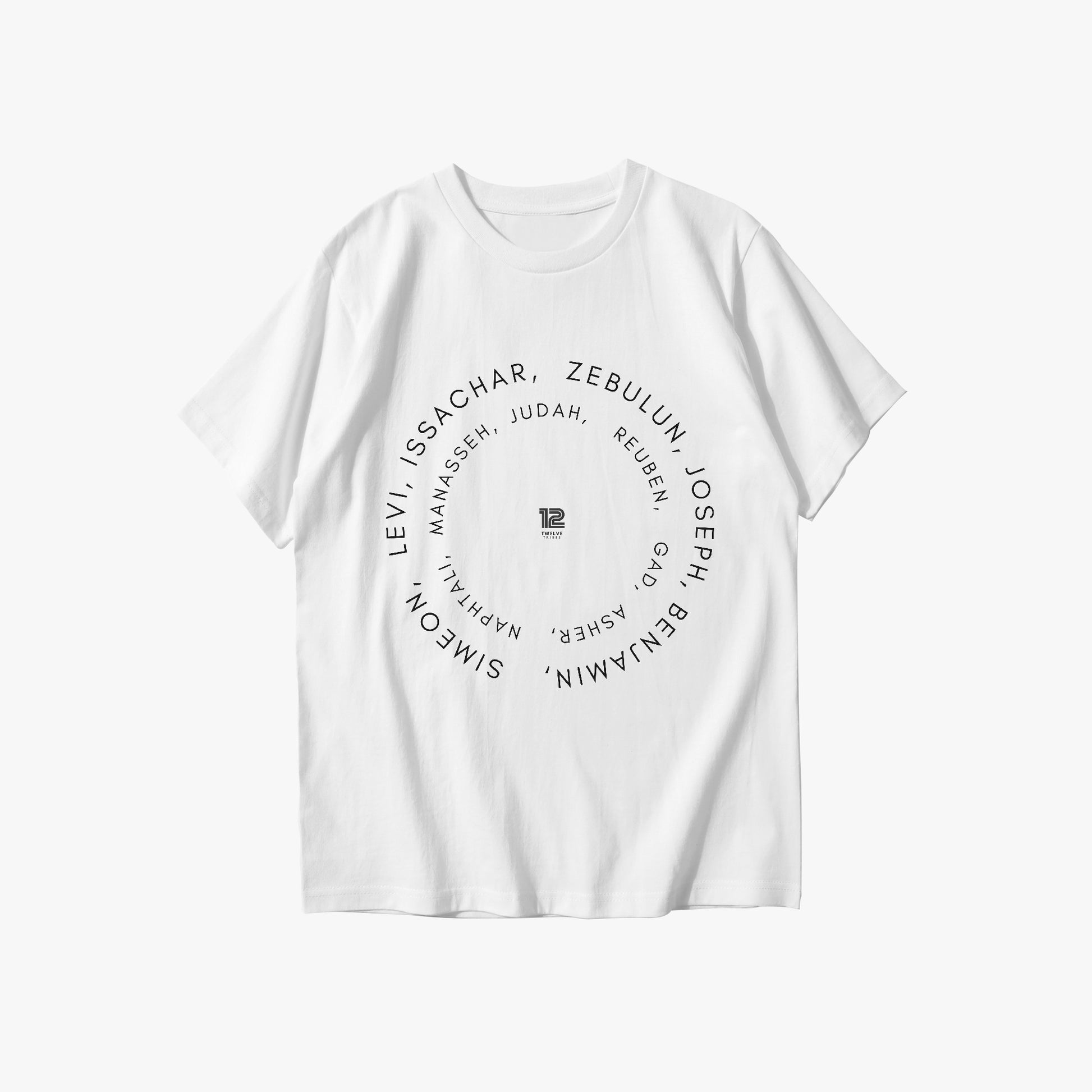 White t-shirt with black text on a white background