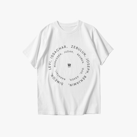 White t-shirt with black text on a white background