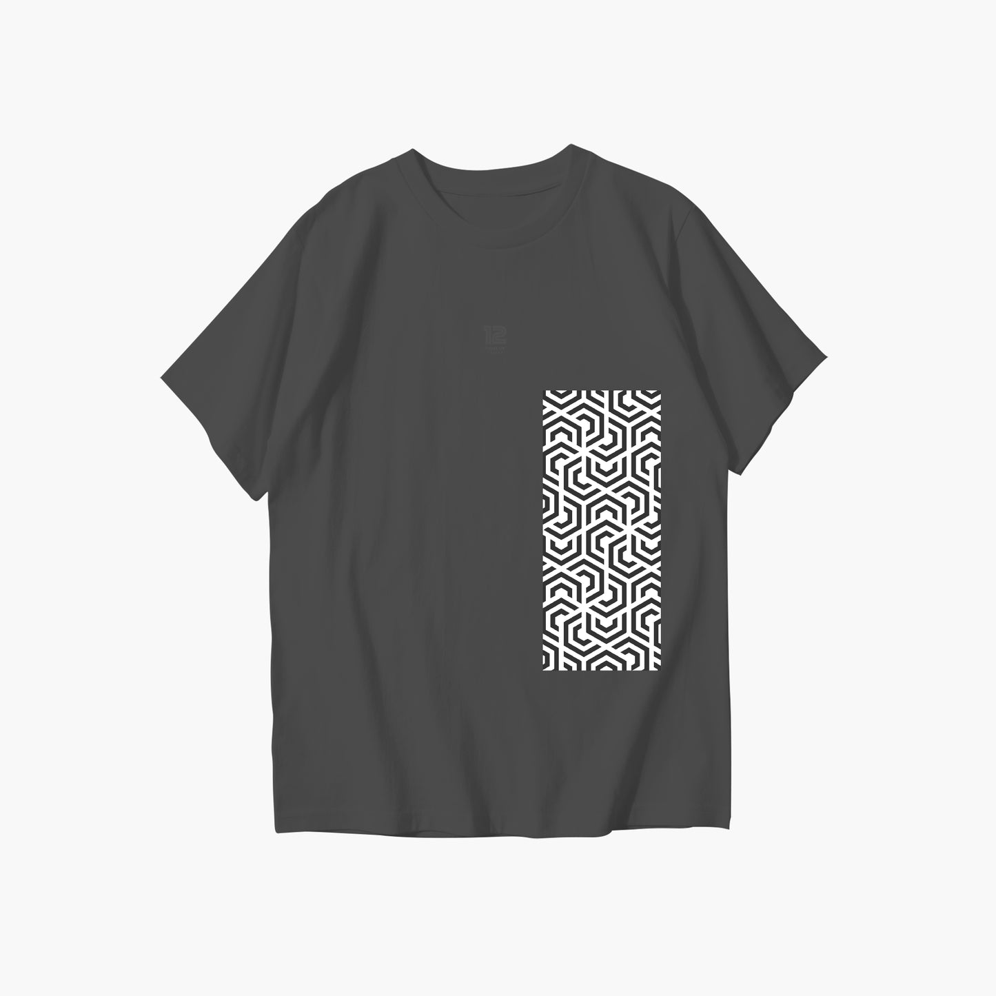 Black t-shirt with a white geometric pattern on a white background