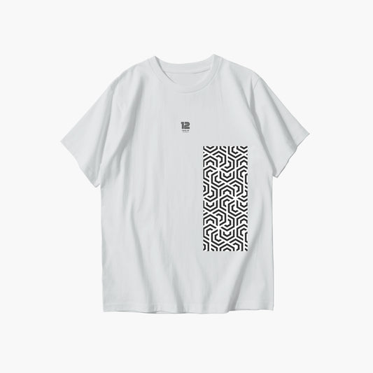 White t-shirt with geometric pattern on a white background