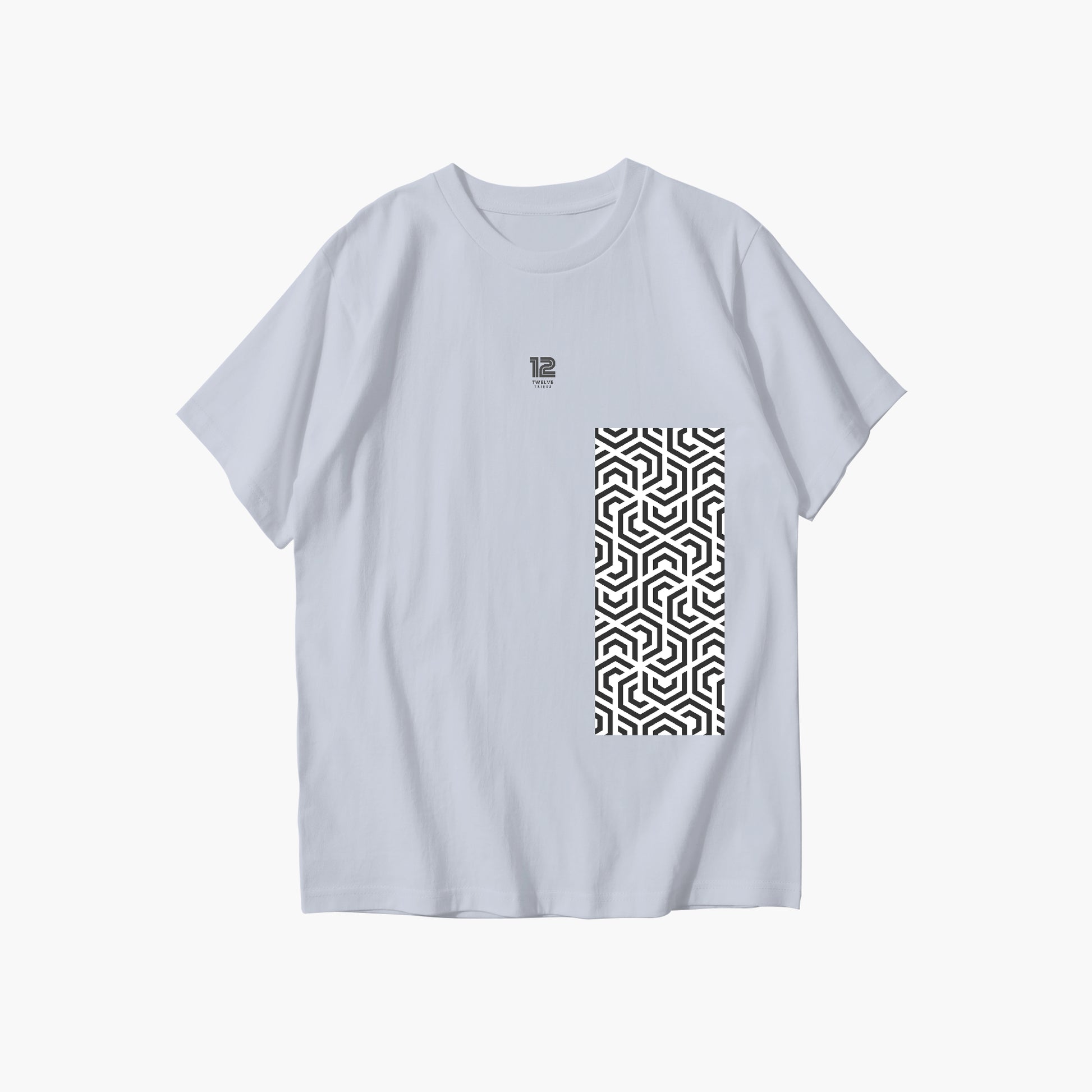 Light blue t-shirt with geometric pattern and logo on a white background