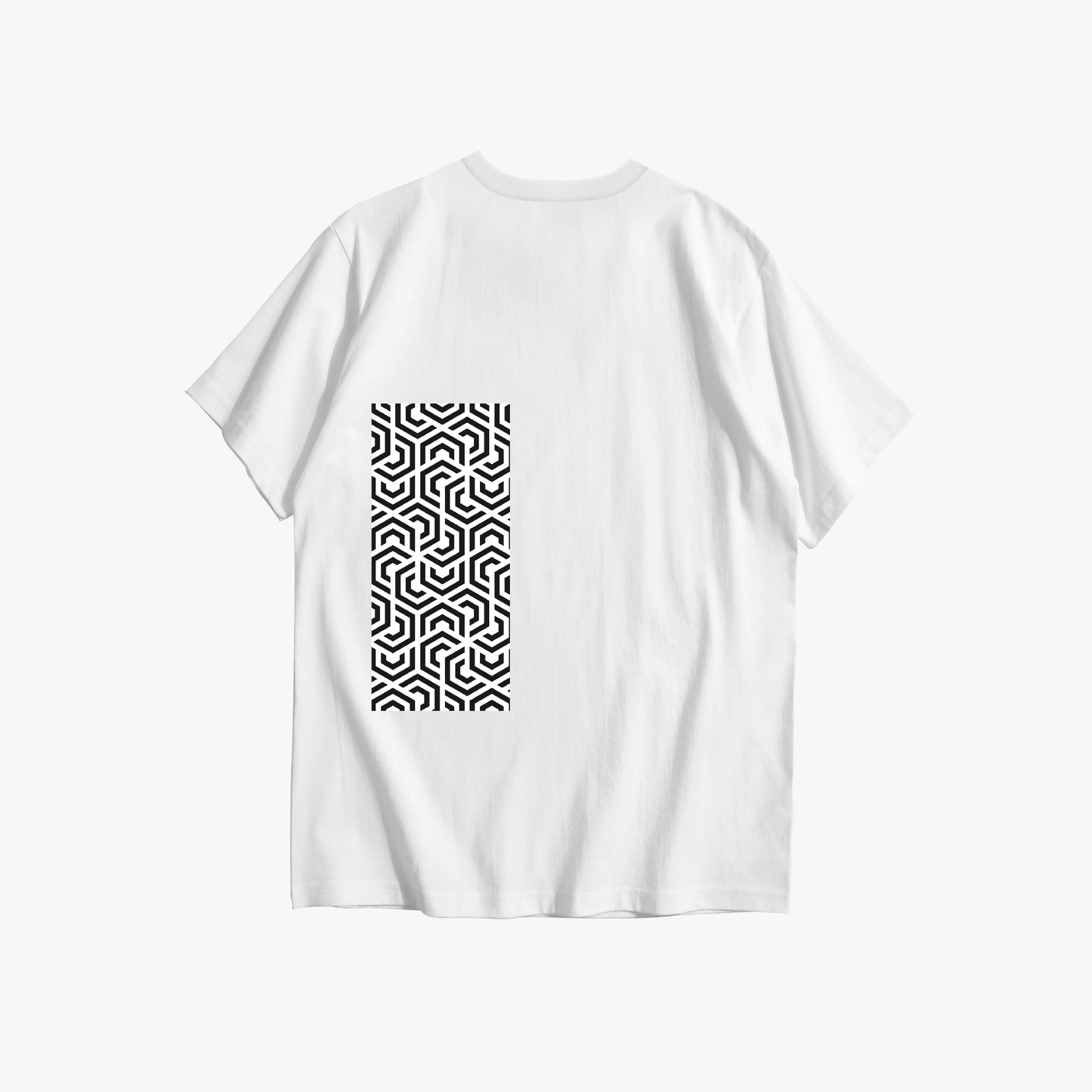 White t-shirt with a black geometric pattern on the back against a white background