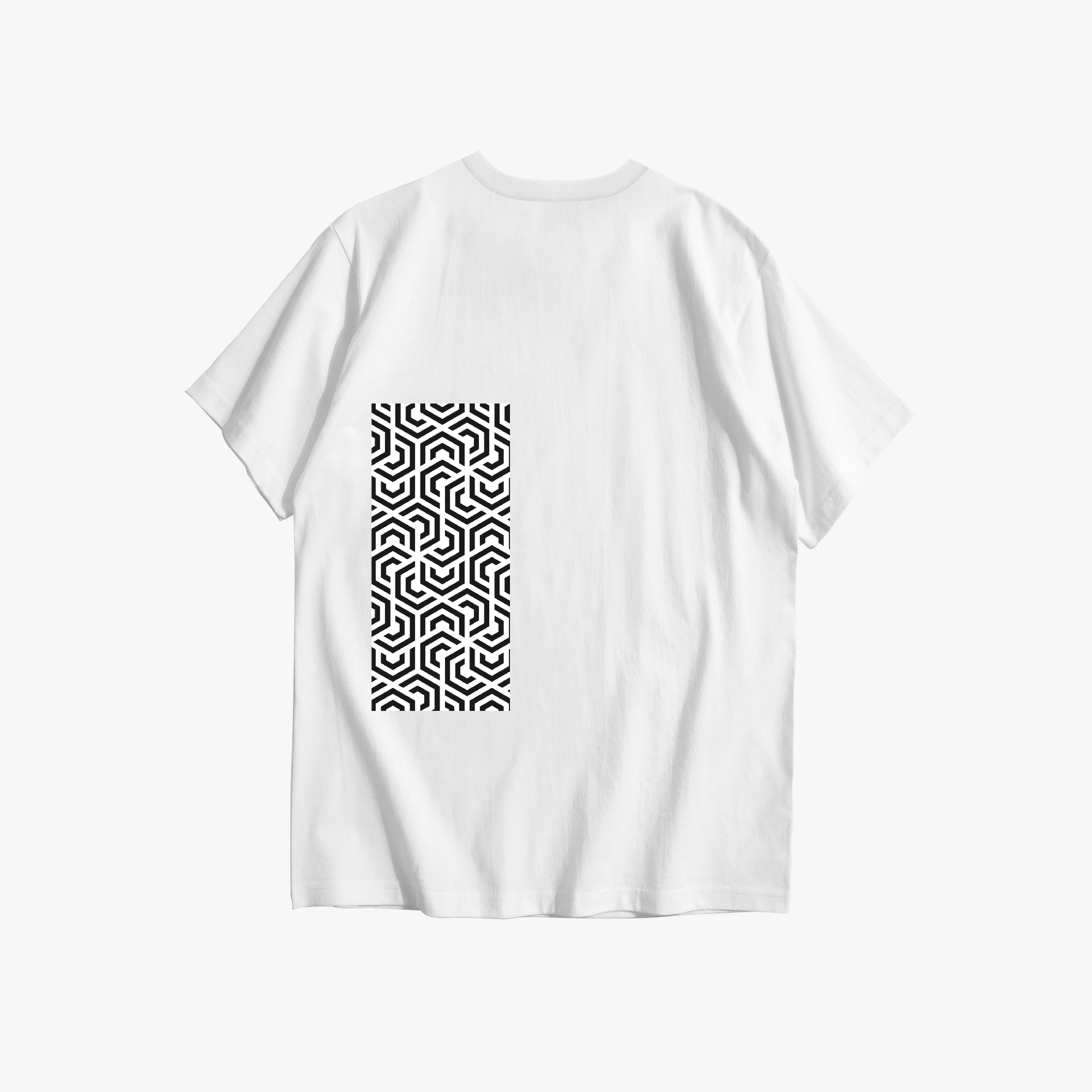 White t-shirt with a black geometric pattern on the back against a white background