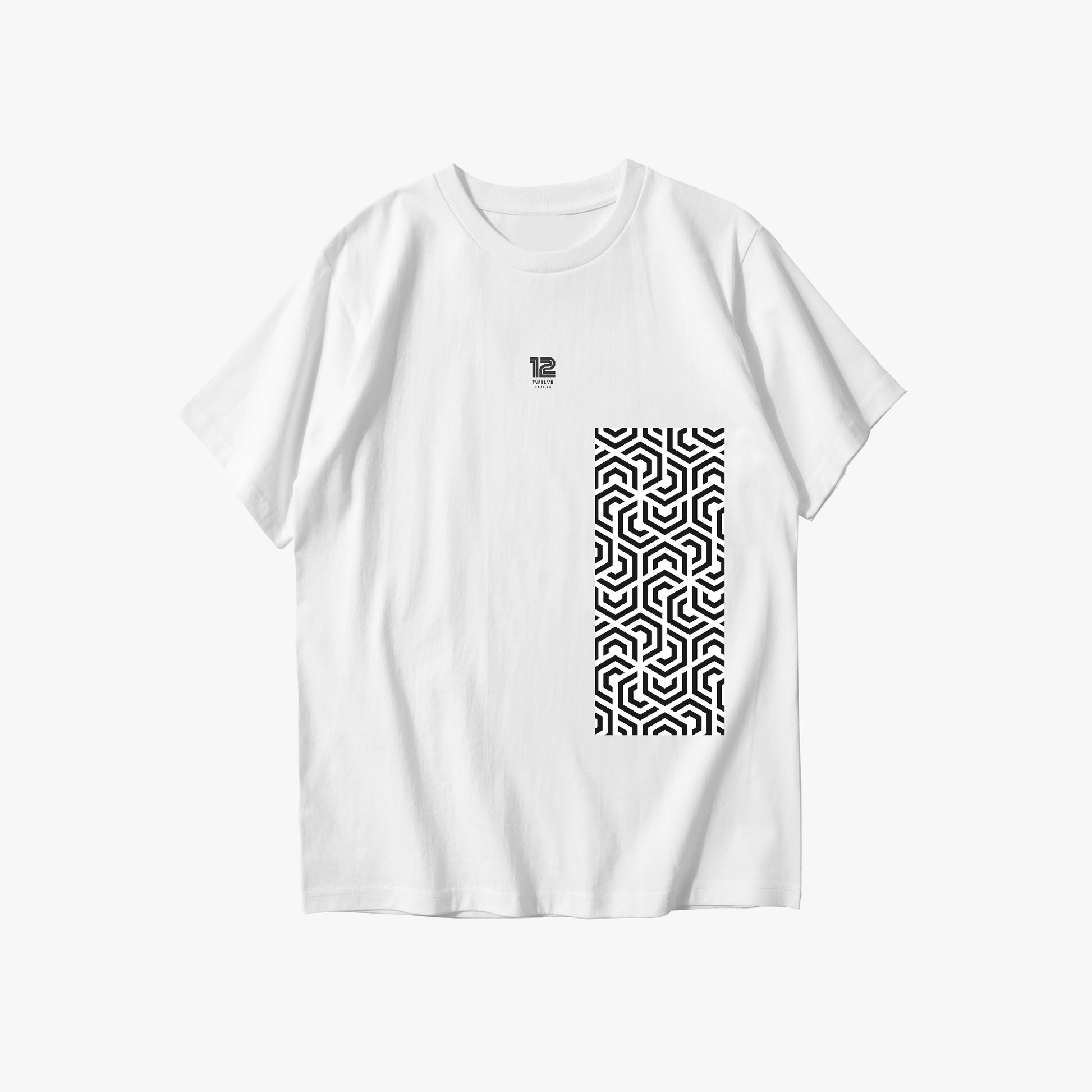 White t-shirt with black geometric pattern on a white background