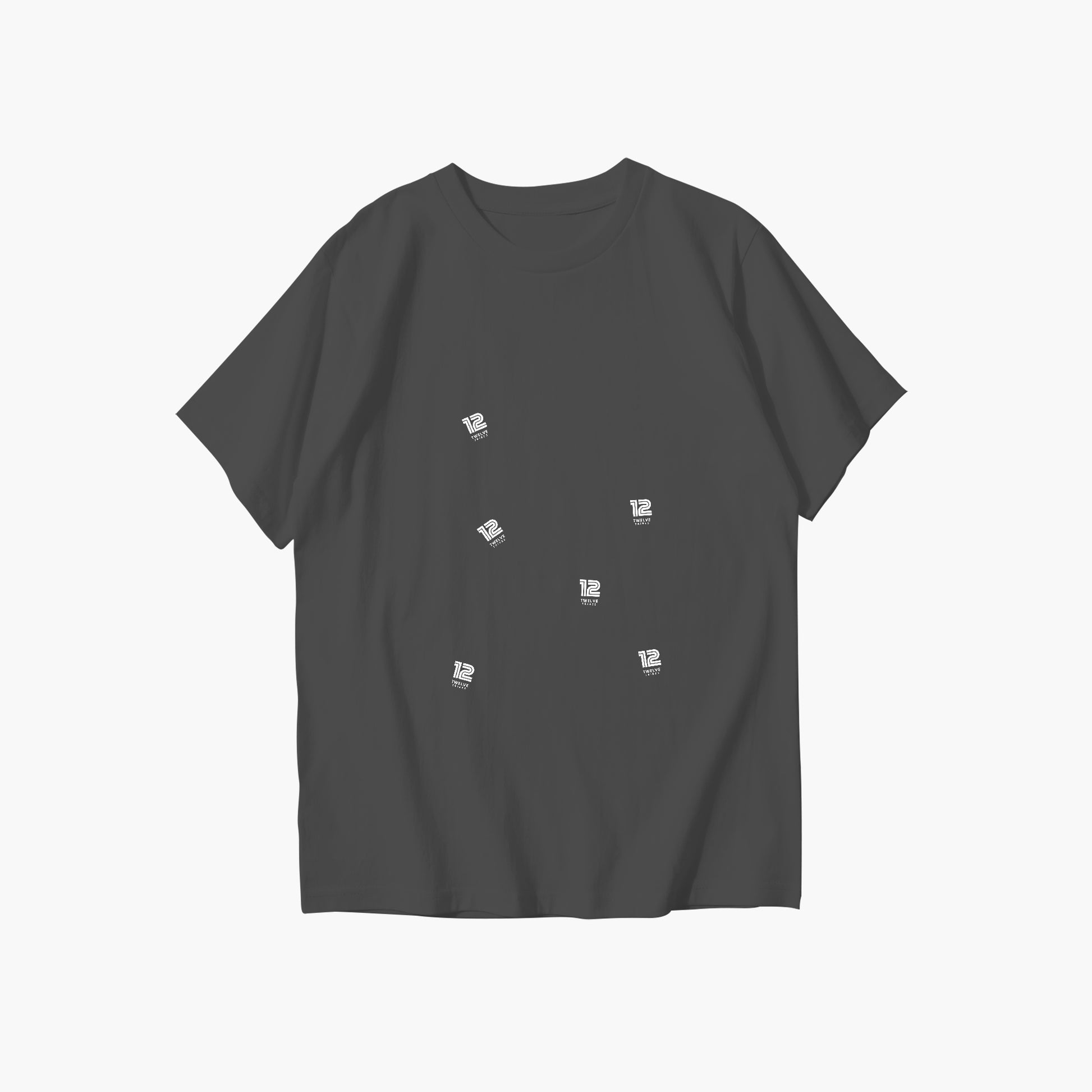 Black t-shirt with small white logos on a white background