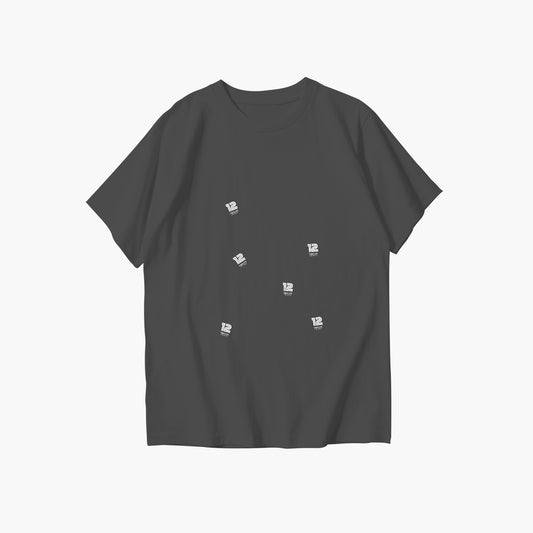 Black t-shirt with small white logos on a white background