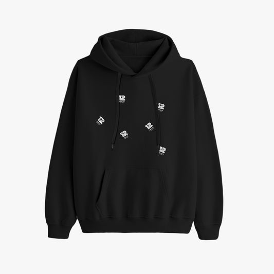 Black hoodie with small white logos on a light gray background