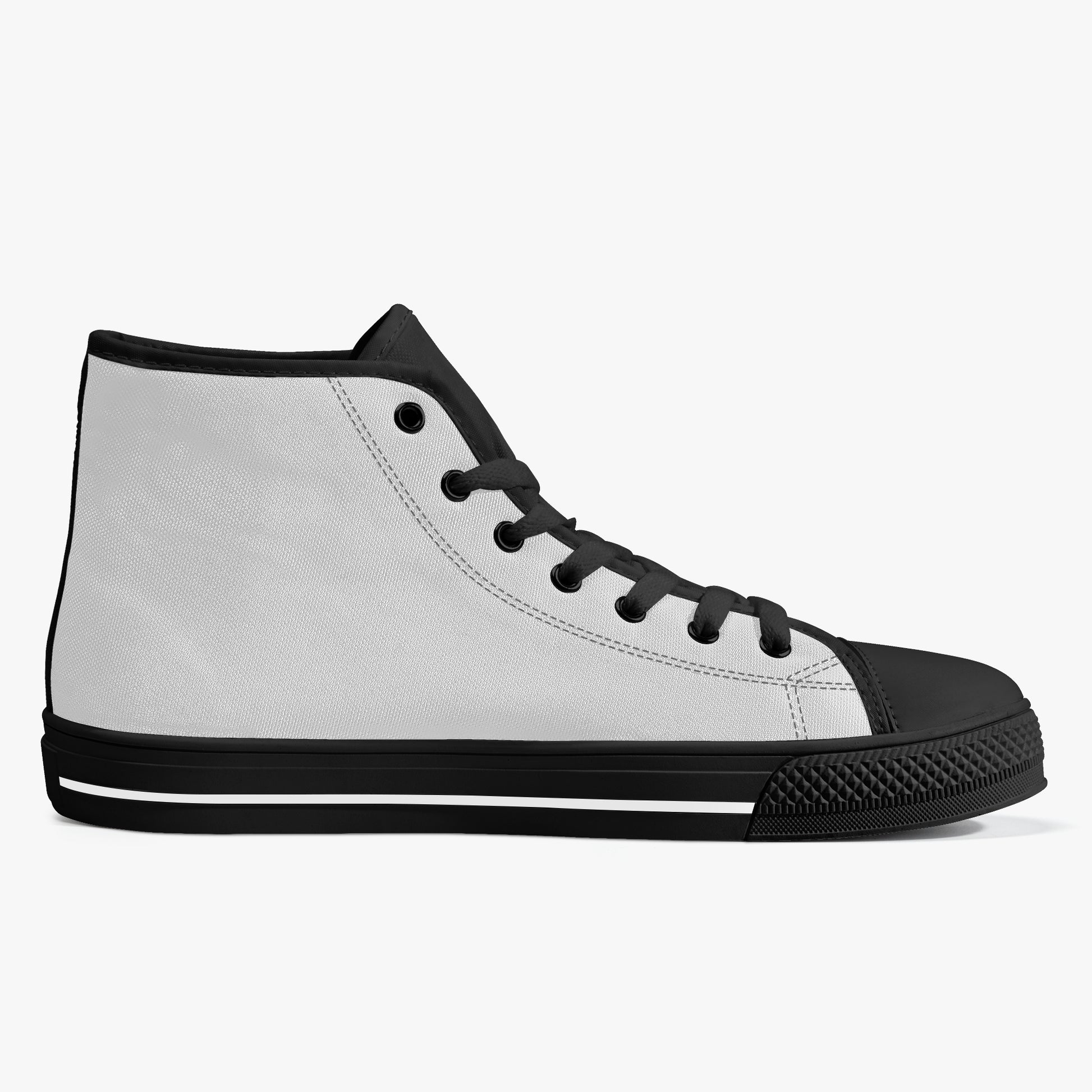 Gray high-top sneaker with black accents on a white background
