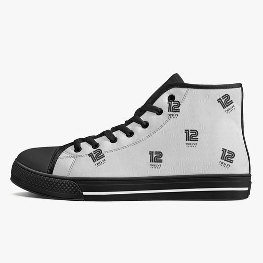 Black and white high-top sneaker with '12' branding on a white background
