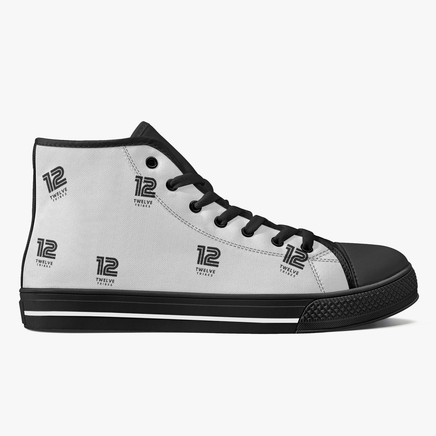 Black and white high-top sneaker with '12 Tribes' branding on a white background