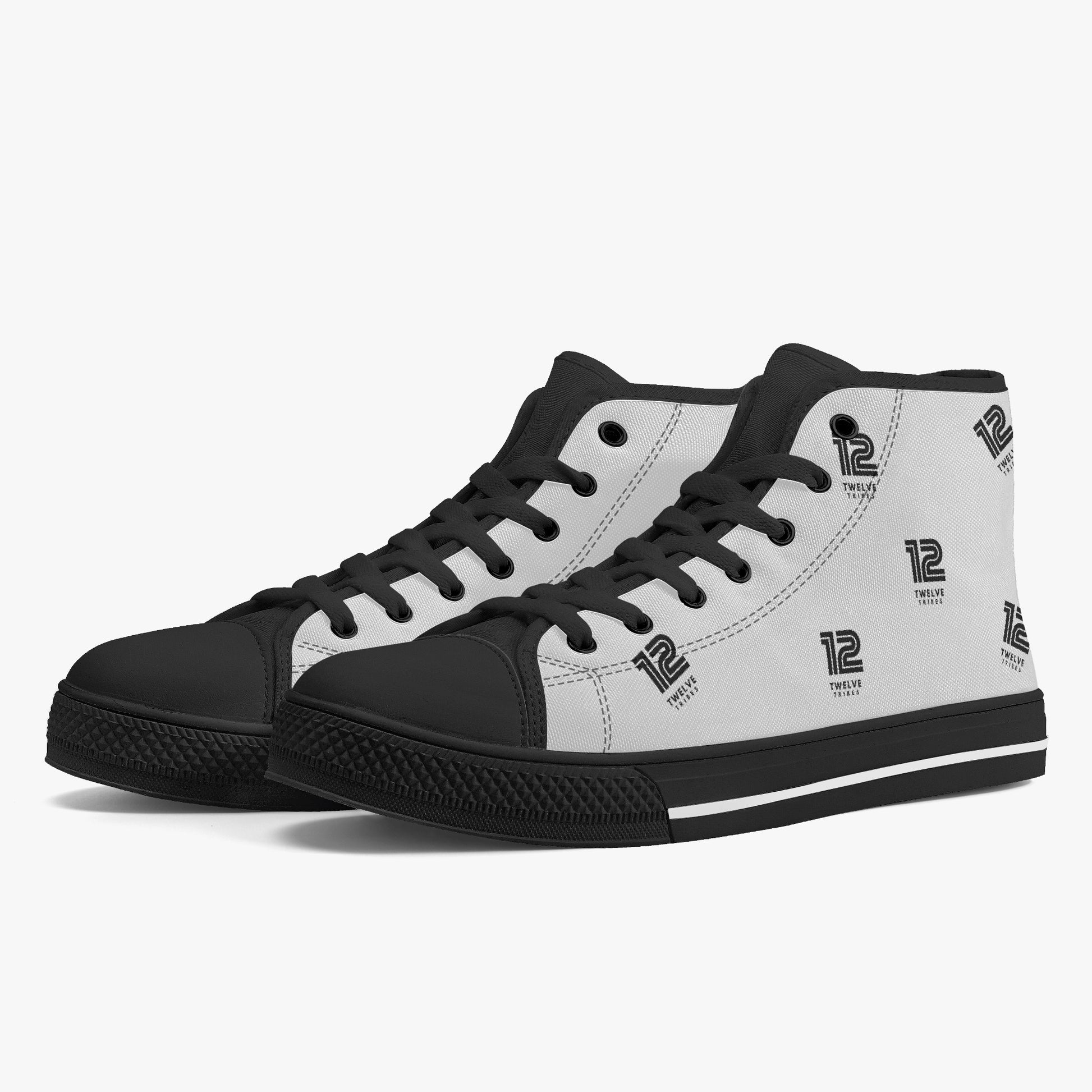 Black and white high-top sneakers with a brand logo on a white background