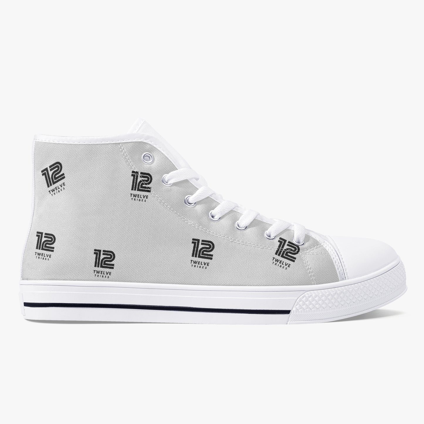 White high-top sneaker with '12 Tribes' logo on a white background