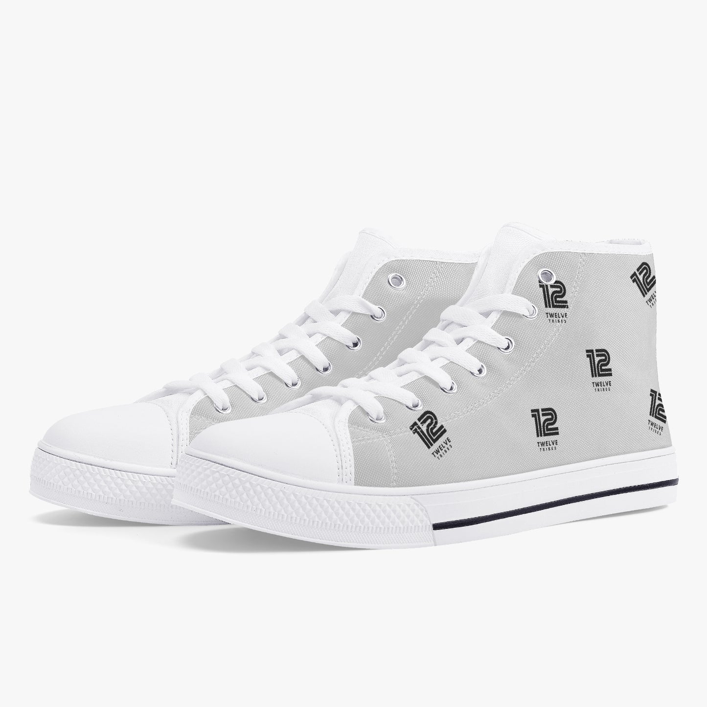White high-top sneakers with gray pattern and brand logo on a white background