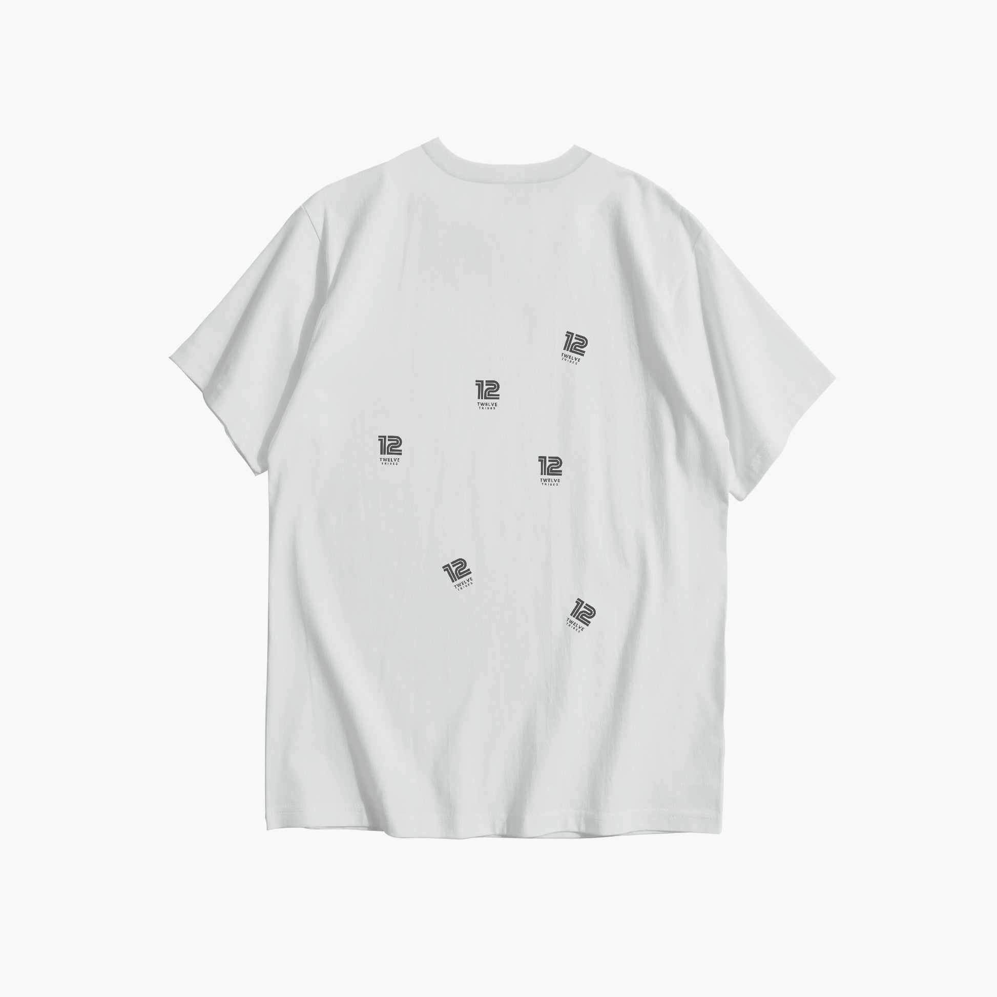 White t-shirt with small black logos on a white background
