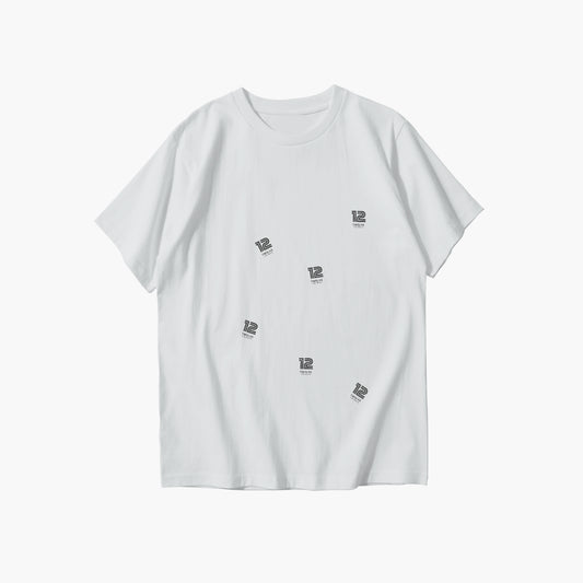White t-shirt with small black logos on a white background
