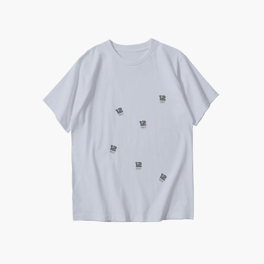 Light blue t-shirt with small black logos on a white background