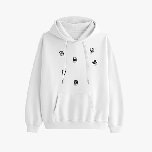 White hoodie with black logos on a white background