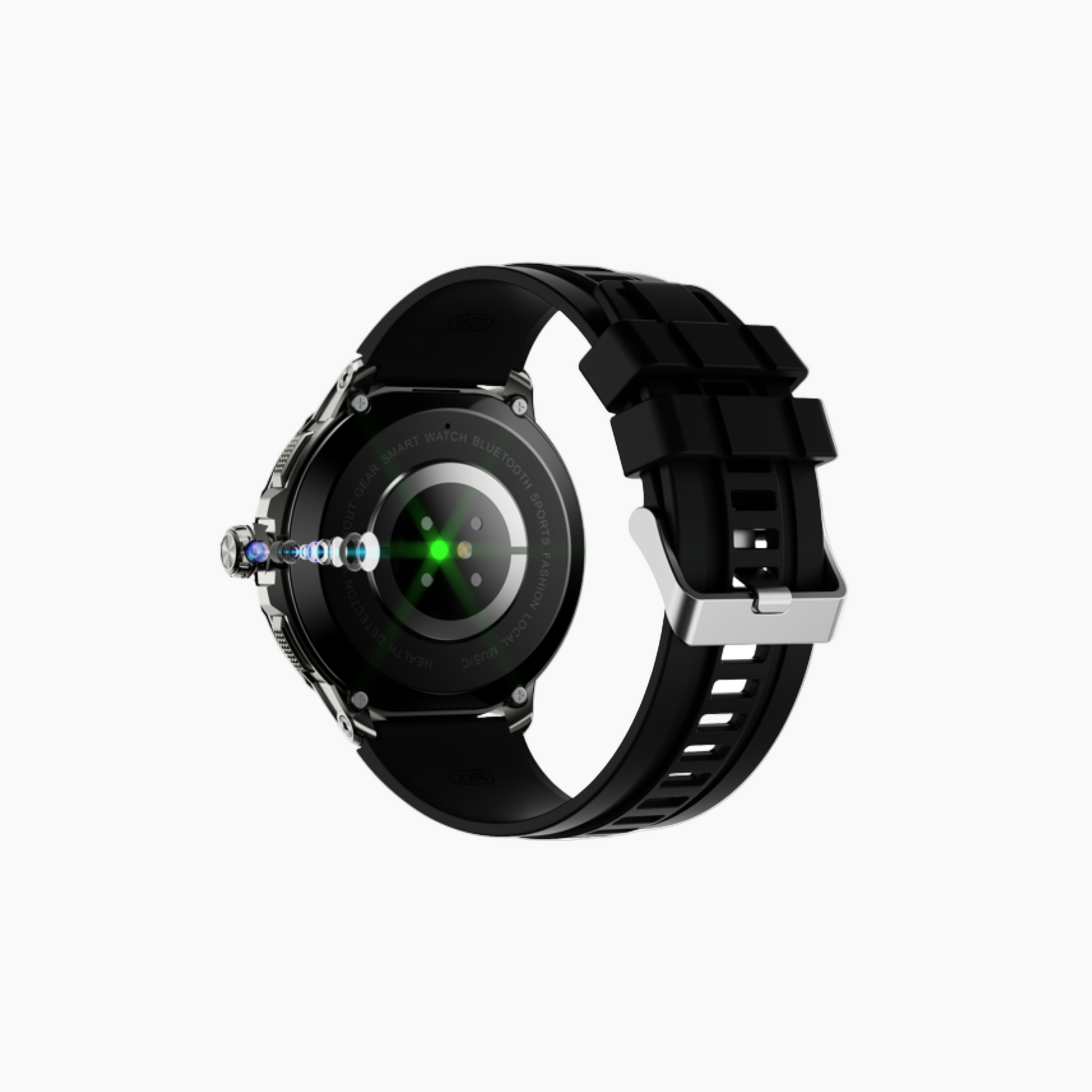 Black smartwatch with a detailed design on a white background