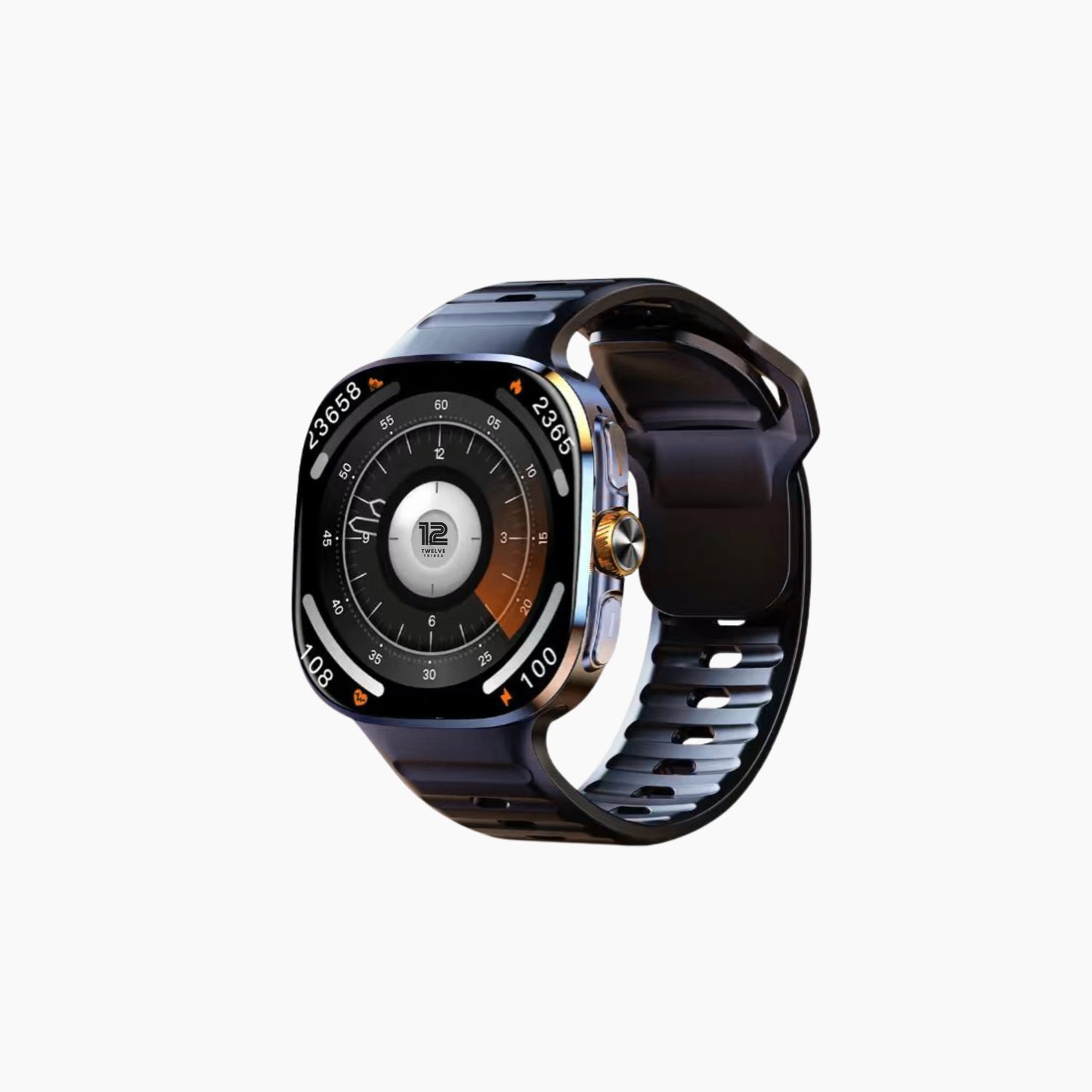 Smartwatch with a black strap on a white background