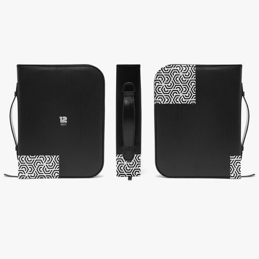 Black pouch with geometric pattern on a white background