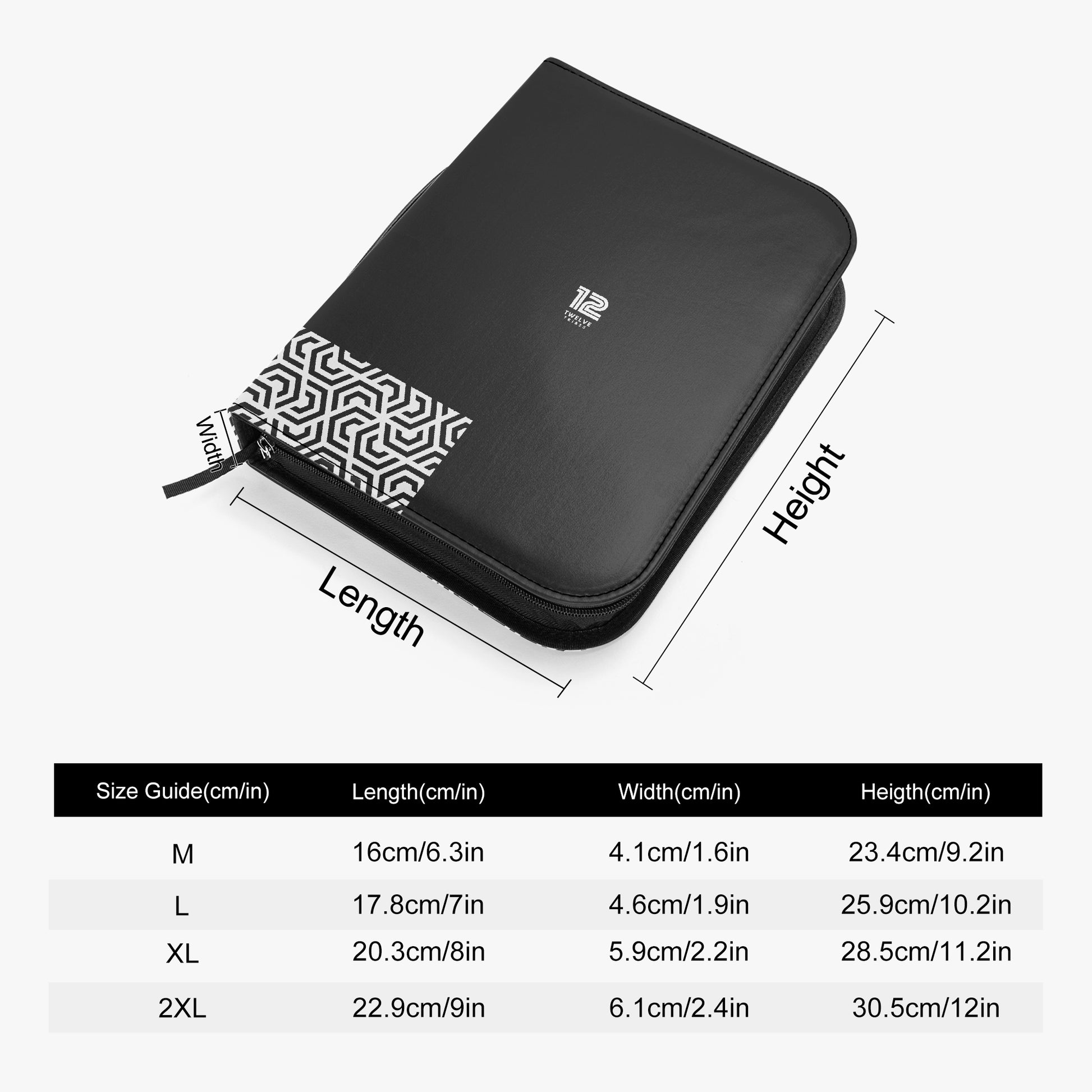 Black zippered case with geometric pattern on zipper, measurements shown, and size guide.