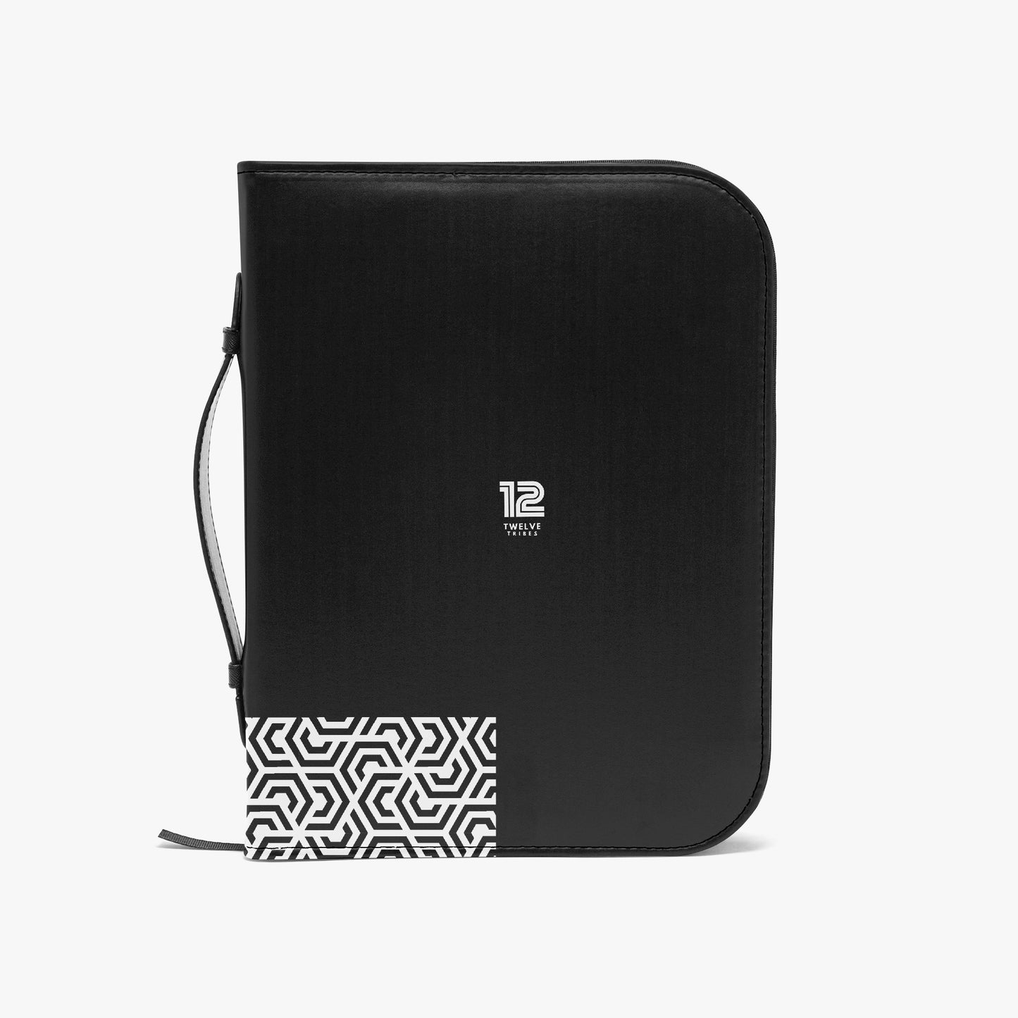 Black zippered case with geometric pattern on a white background