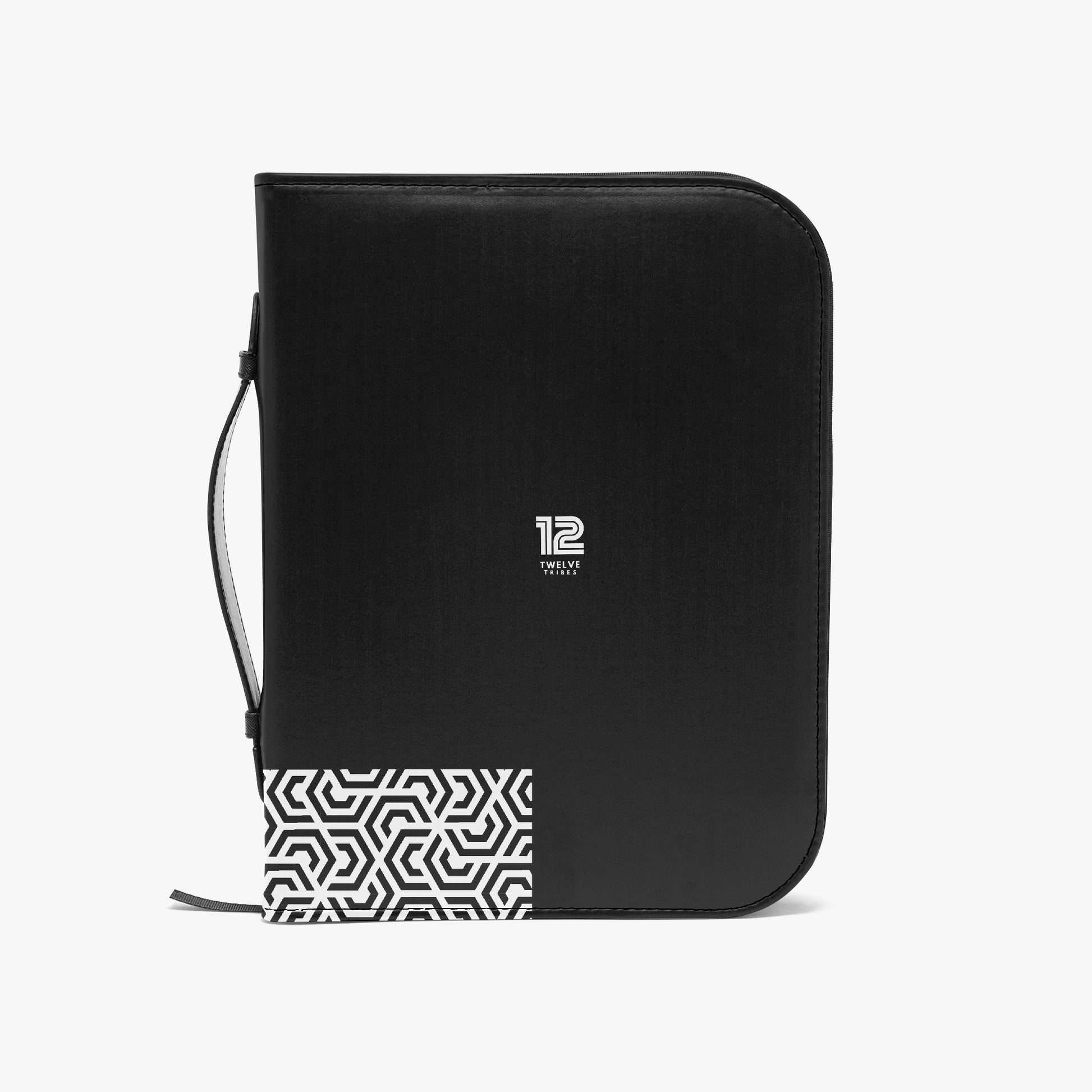 Black zippered case with geometric pattern on a white background