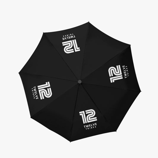 Black umbrella with '12 Tribes' logo on a white background